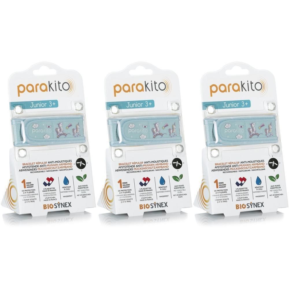 Trois bracelets ParaKito Junior 3+ avec motif licorne, emballés individuellement.