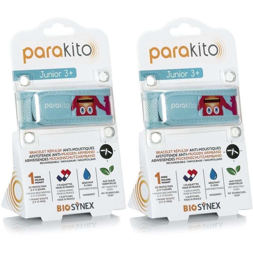 Deux bracelets ParaKito Junior 3+ motif monstre, présentés en emballage individuel.
