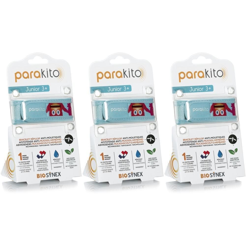 Drie Para'Kito Junior 3+ armbanden met dierenprint, individueel verpakt.