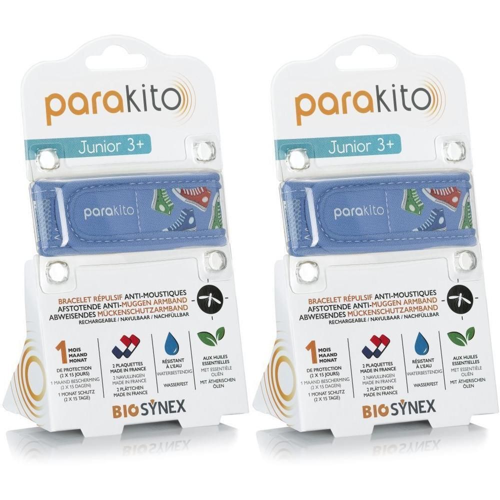 Deux bracelets anti-moustiques Parakito Junior 3+ avec motif chaussures.