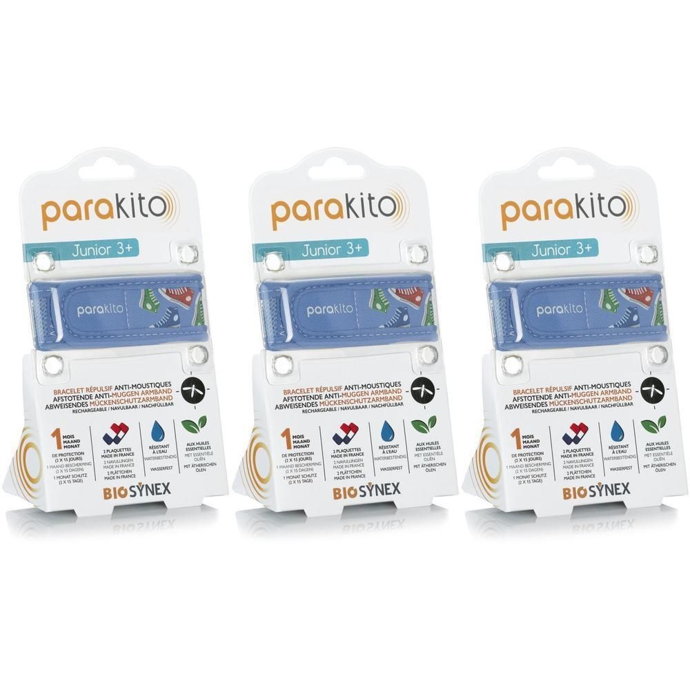 Trois bracelets Parakito Junior emballés individuellement, bleus avec motifs d'animaux.