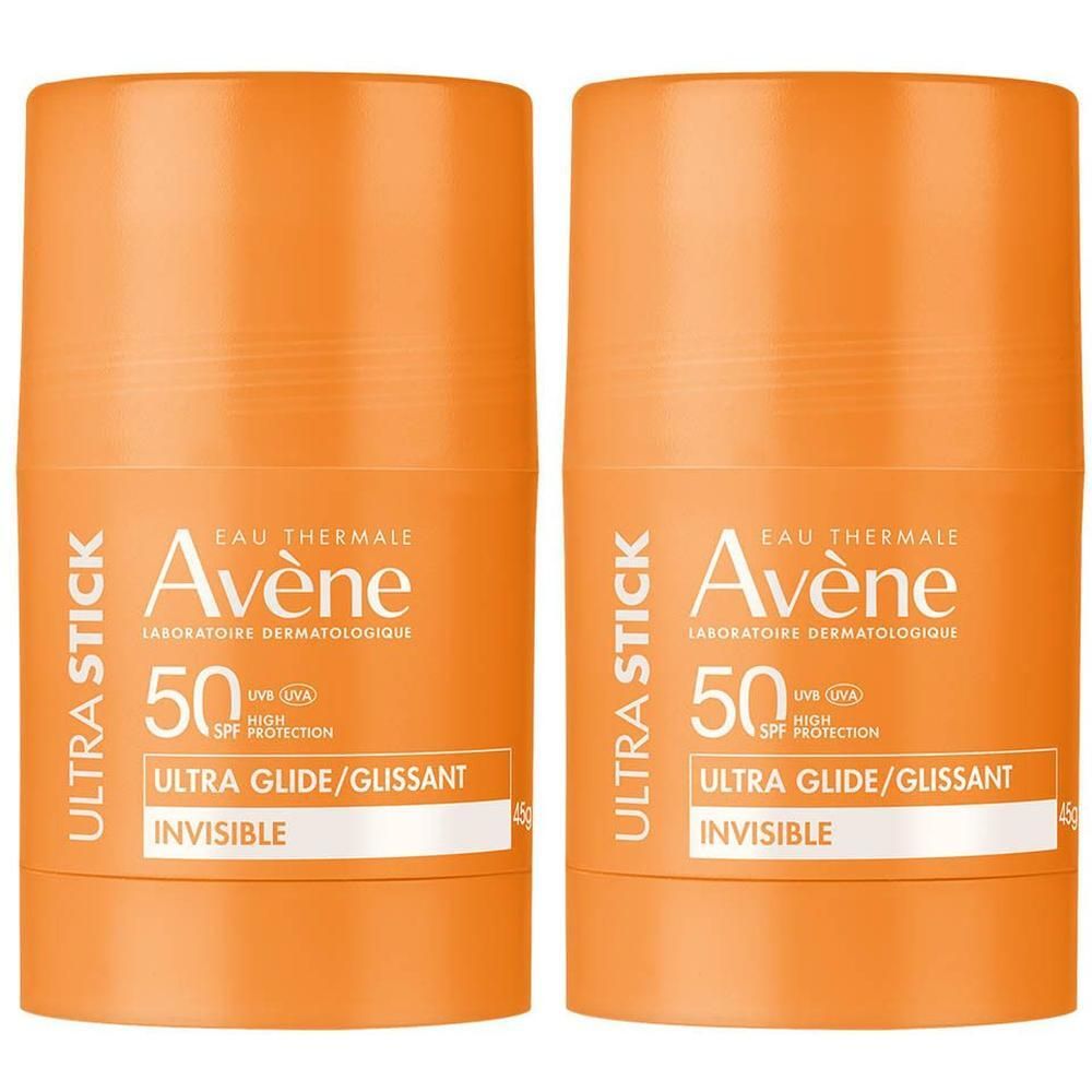 Twee Avène Ultra Stick Invisible SPF 50 zonnebrandsticks in oranje.