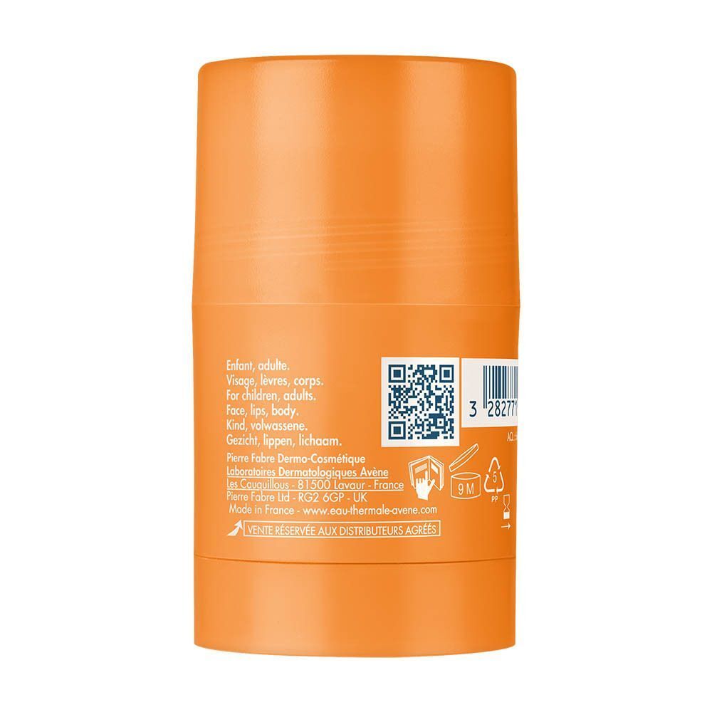Achterkant van een Avène Ultra Stick Invisible SPF 50 met instructies en barcode.