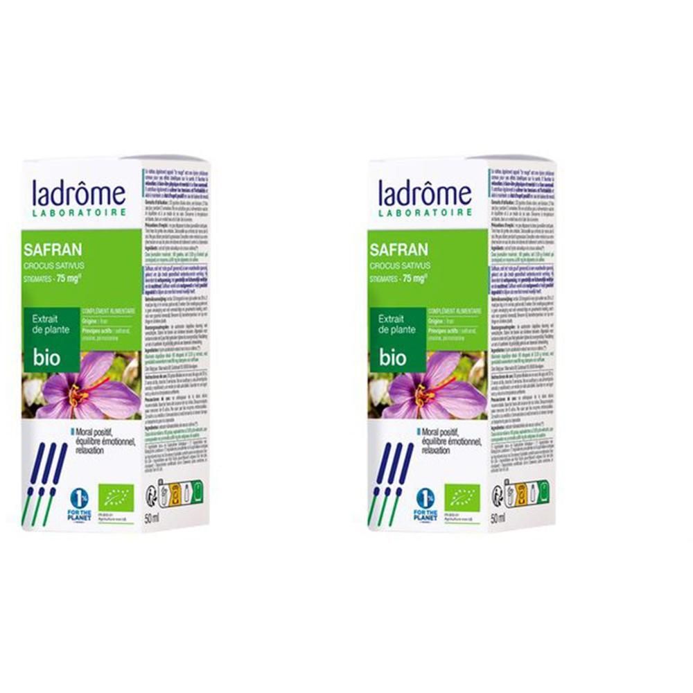 Twee verpakkingen Ladrôme Saffraan extract, 50ml. Met paarse krokusbloem en Bio-keurmerk.