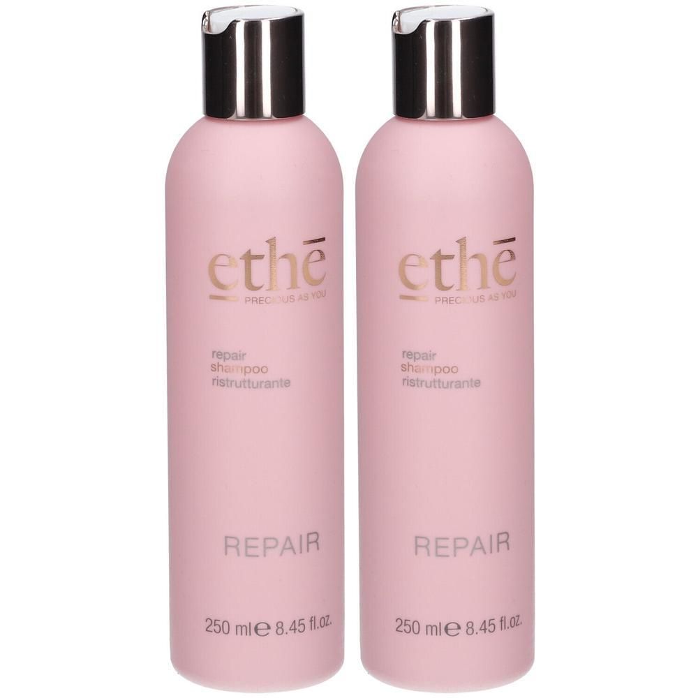 Deux flacons roses de shampooing réparateur ETHÈ, 250 ml chacun.
