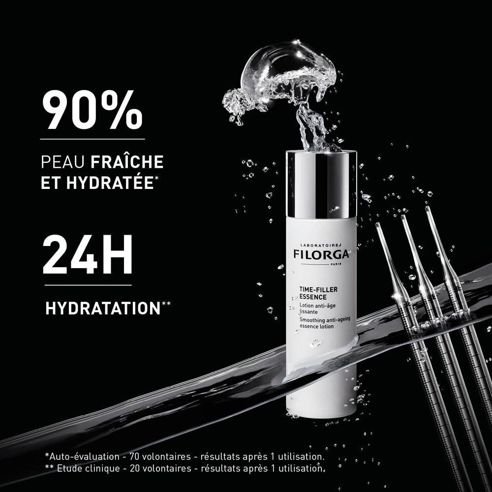 Lotion Filorga TIME-FILLER ESSENCE : 90% peau fraîche et hydratée, hydratation 24h.