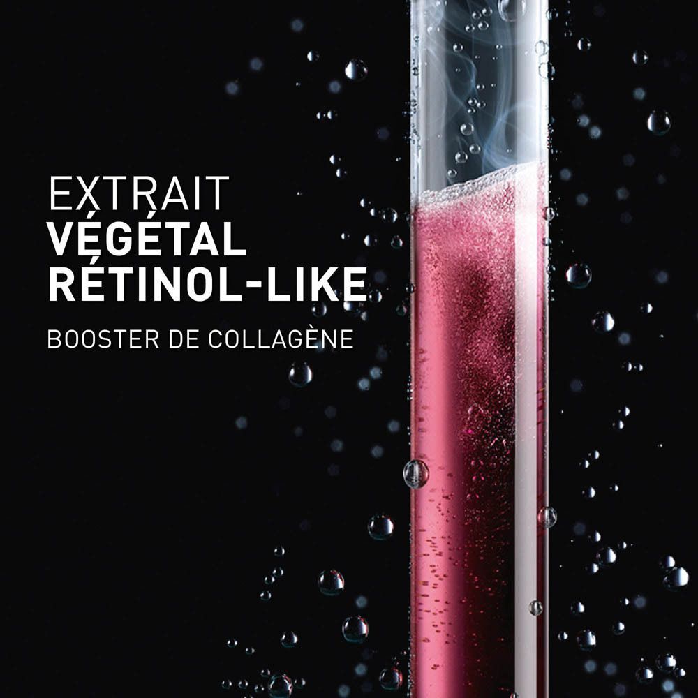Éprouvette contenant un liquide rose. Texte : Extrait végétal, rétinol-like, booster de collagène.