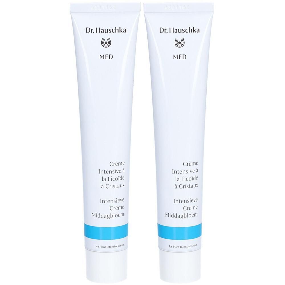 Deux tubes blancs de Dr. Hauschka Med Crème Intensive à la Ficoïde à Cristaux.