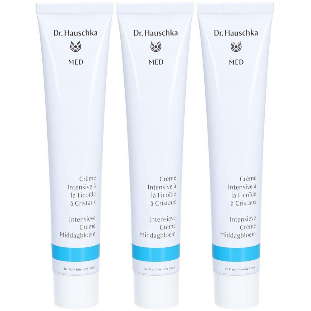 Drie witte tubes Dr. Hauschka Med Intensieve Crème Middagbloem.