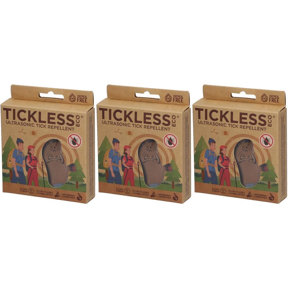 Drie pakken Tickless ultrasone tekenverjager. Elke verpakking toont wandelaars en een teken-icoon.