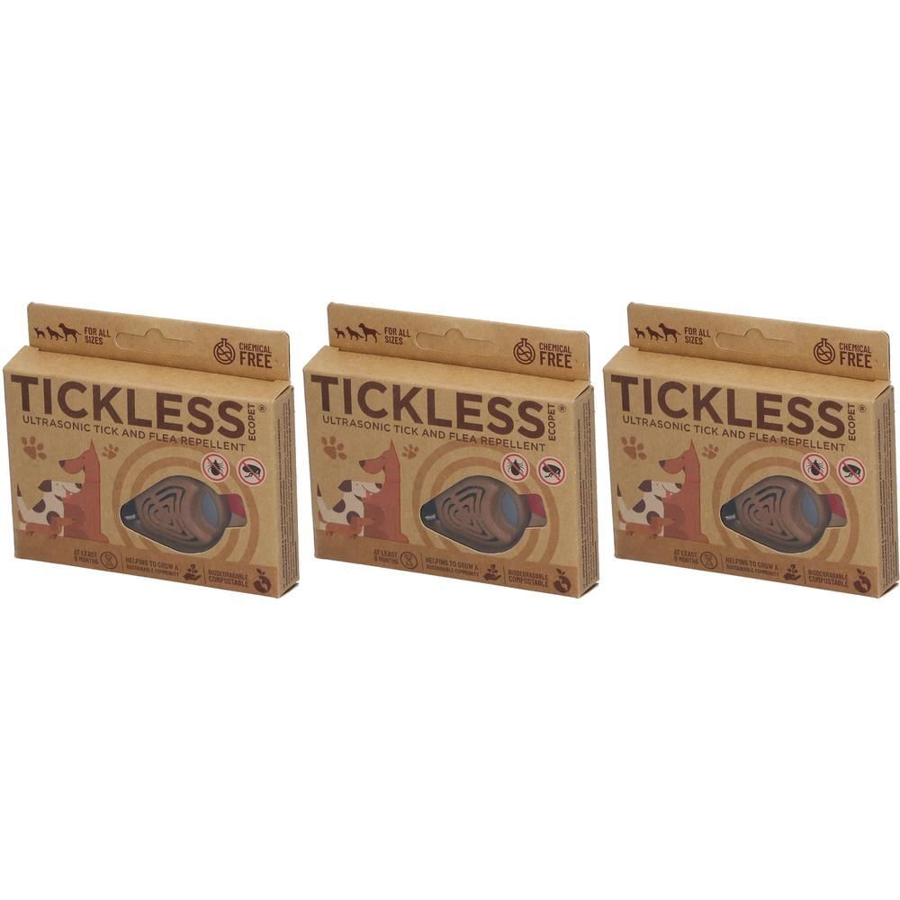 Trois paquets de TICKLESS® ECOPet répulsif ultrasonique contre les tiques et les puces pour animaux.