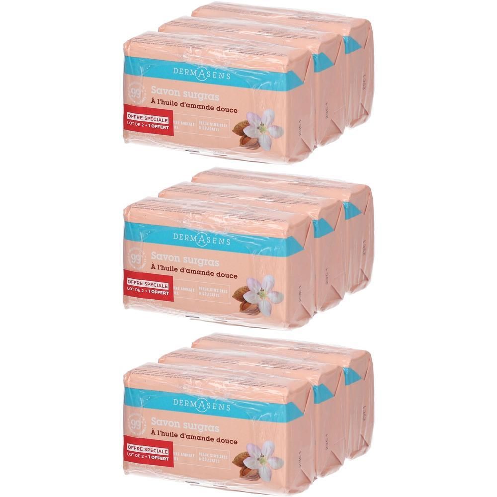 Trois paquets de DermAsens Savon Surgras à l'huile d'amande. Chaque paquet contient plusieurs savons.