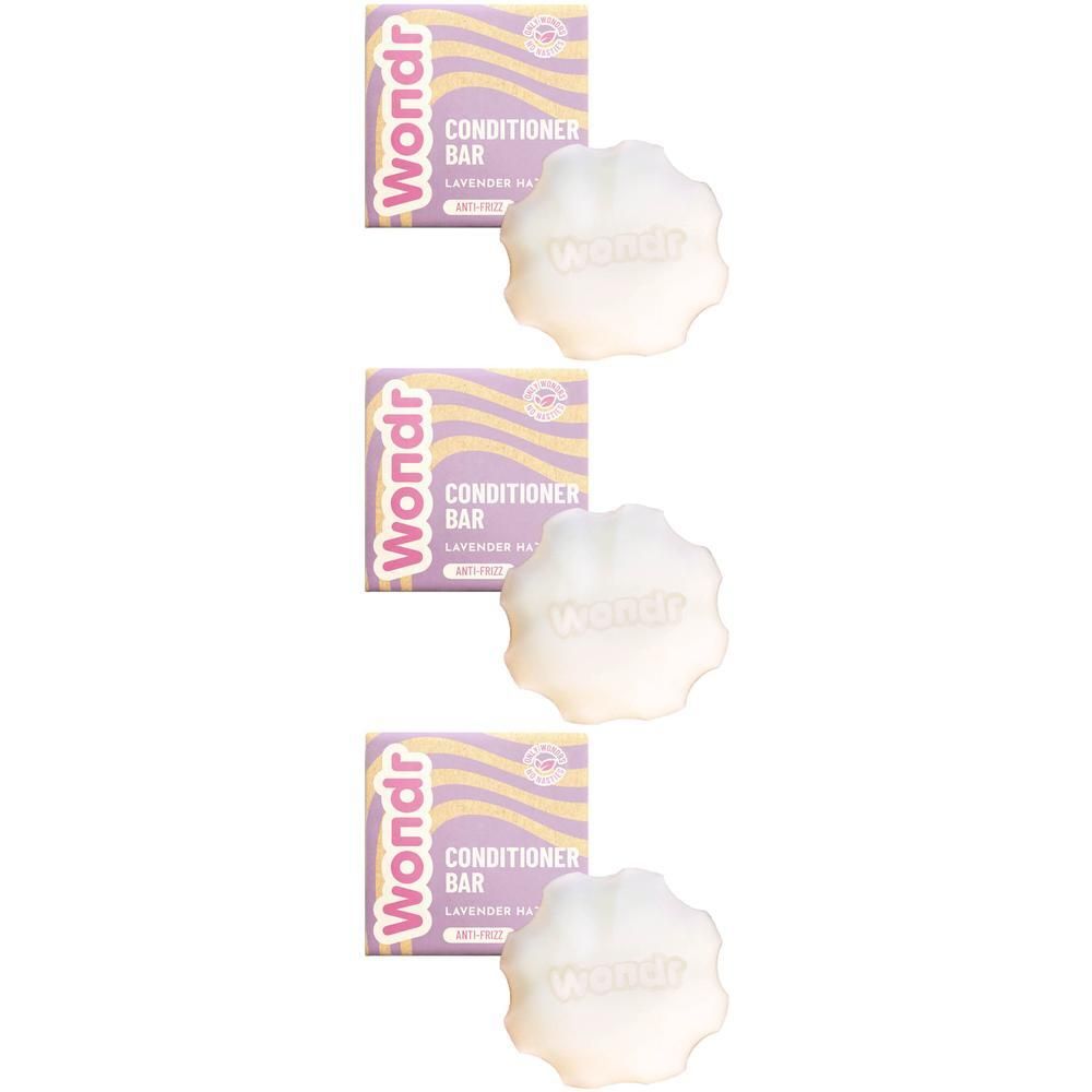 Trois barres de shampoing Wondr parfum Lavande Haze, chacune dans sa boîte.