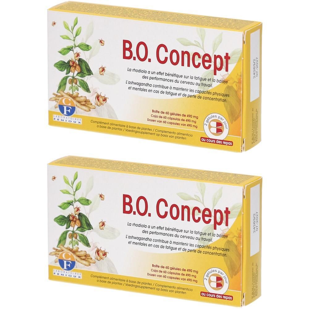 Deux boîtes de capsules B.O. Concept à l'ashwagandha, 60 capsules par boîte.