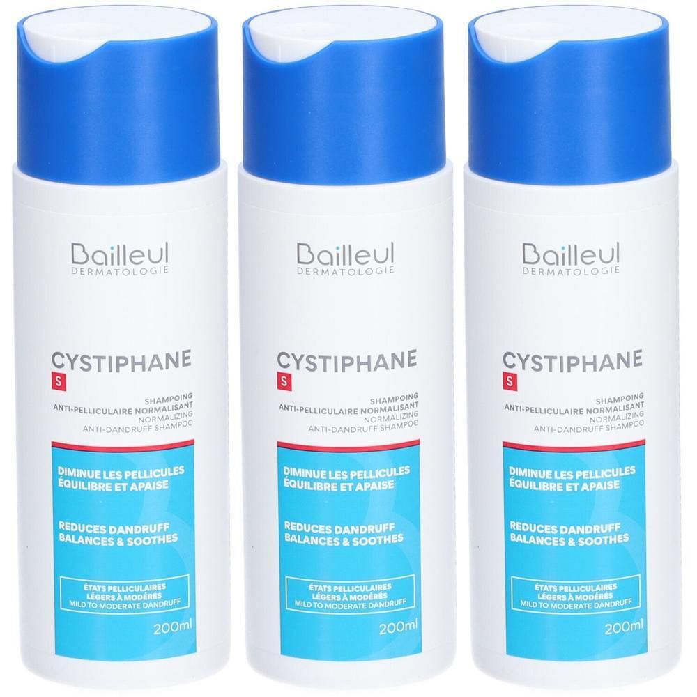 Drie flessen Cystiphane S anti-roos shampoo, blauwe doppen. 200ml.