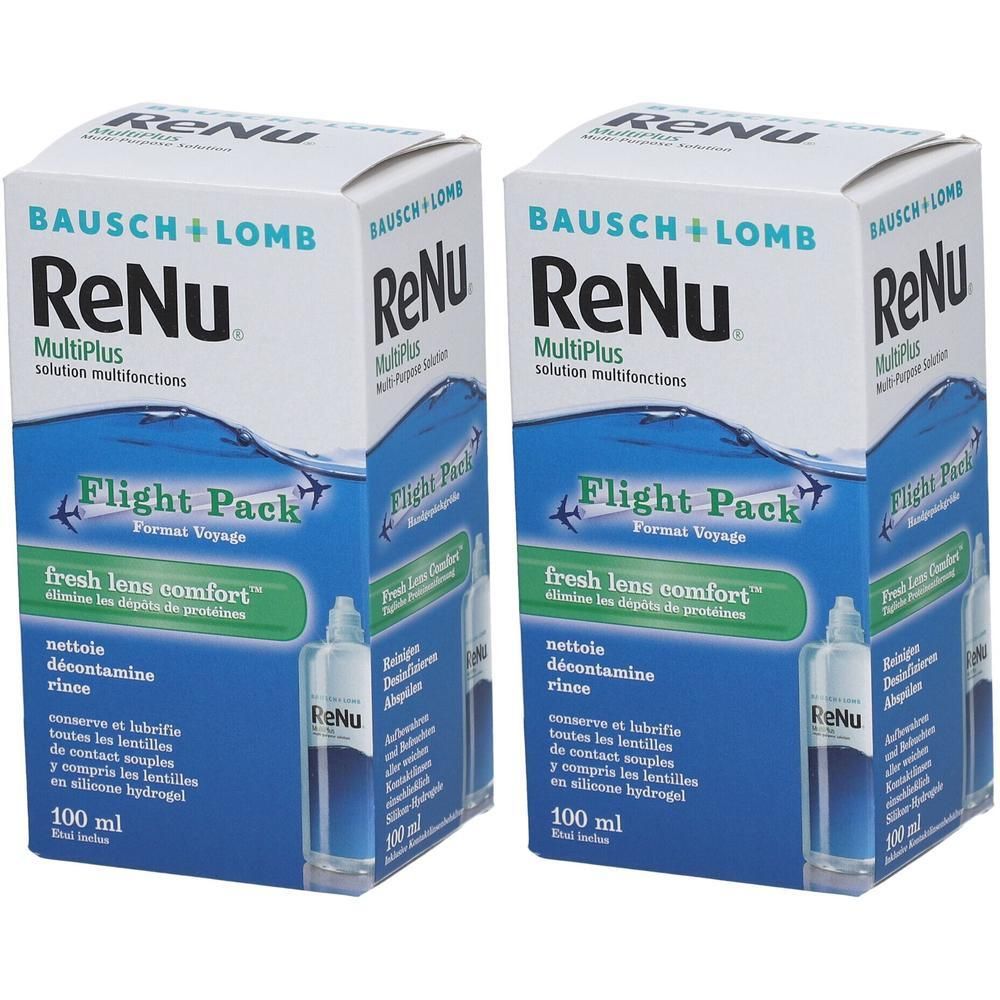Deux paquets de solution pour lentilles ReNu MultiPlus Flight Pack Bausch + Lomb, 100 ml chacun.