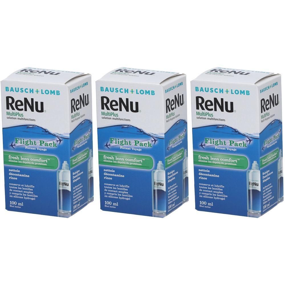 Drie verpakkingen Bausch + Lomb ReNu MultiPlus Flight Pack lenzenvloeistof, elk 100 ml.