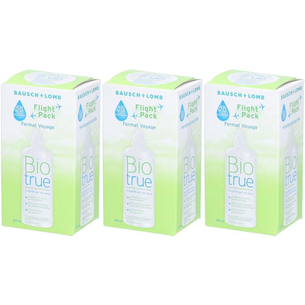 Trois paquets de solution pour lentilles de contact Bausch & Lomb Biotrue, format voyage.