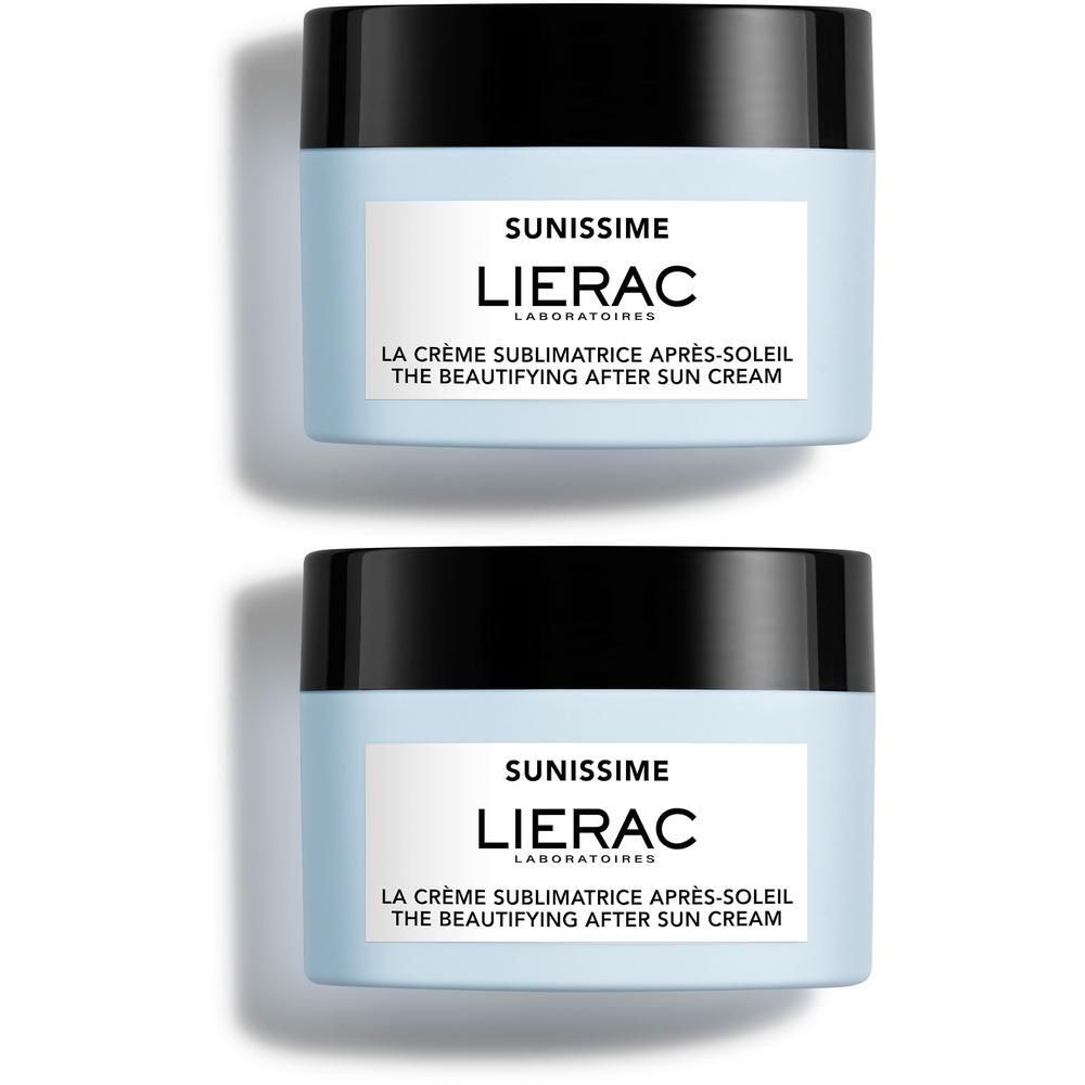 Deux pots de crème après-soleil Lierac Sunissime Corps, avec couvercle noir et corps bleu clair.