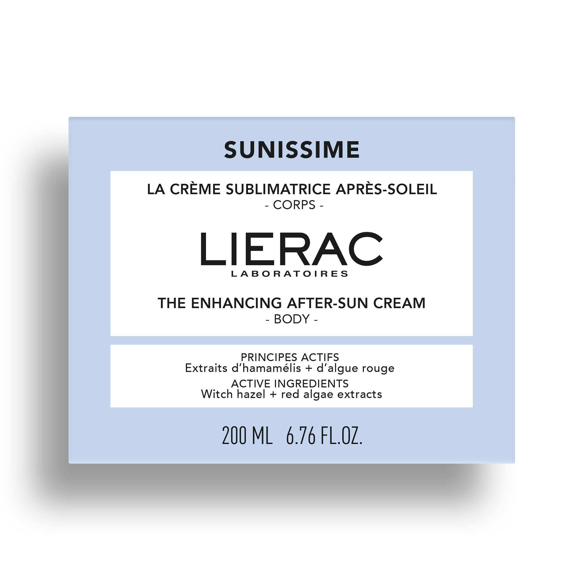 Emballage de la crème après-soleil Lierac Sunissime Corps, 200ml, avec liste des principes actifs.