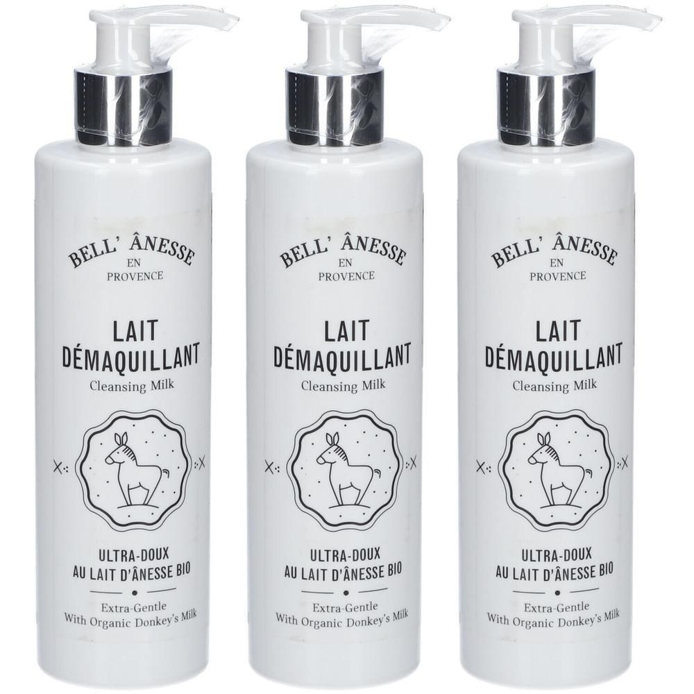 Drie witte pompflesjes Bell' Ânesse Reinigingsmelk, etiket met ezel-logo.