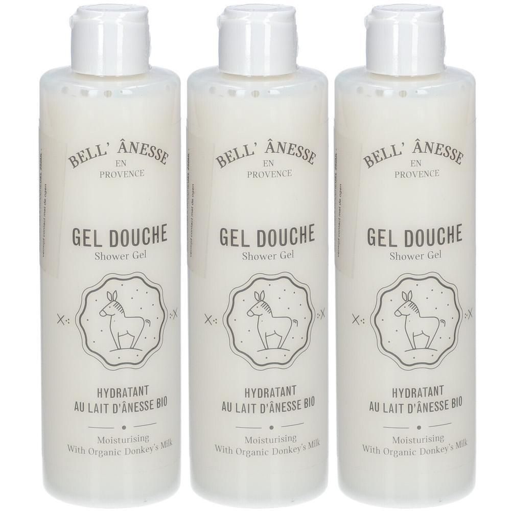 Drie flessen Bell Anesse douchegel met Donkey's Milk opschrift.