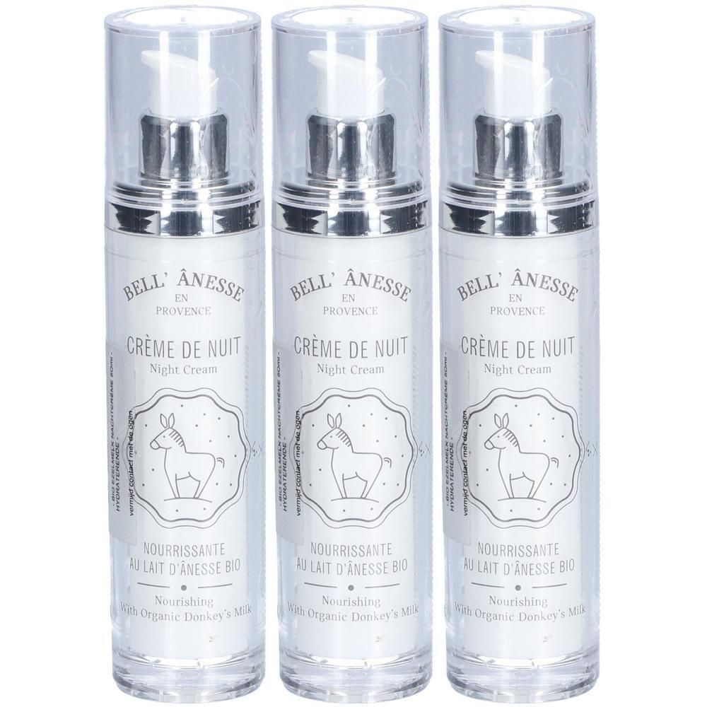 Trois flacons de crème de nuit BELL'ÂNESSE au lait d'ânesse.