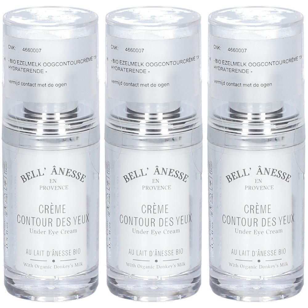 Trois flacons de crème contour des yeux Bell' Ânesse au lait d'ânesse bio.