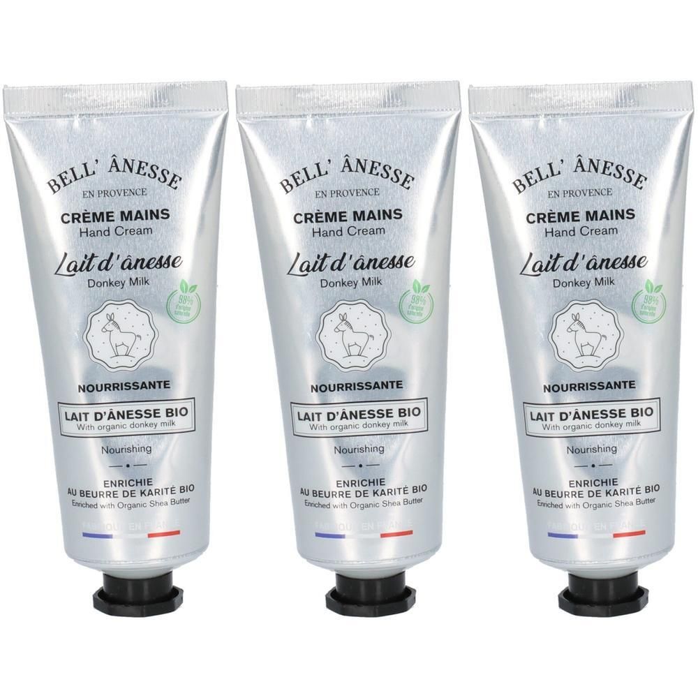Drie tubes Bell Anesse handcrème met biologische ezelinnenmelk.