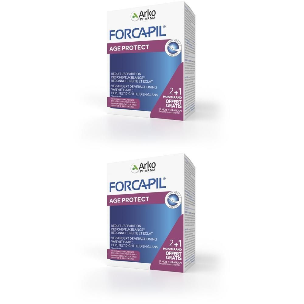 Twee verpakkingen Forcapil Age Protect, één verpakking met 2+1 gratis opdruk.