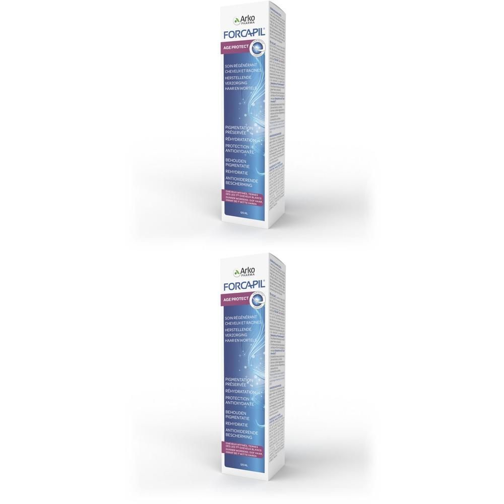 Forcapil Age Protect Spray: Flacon avec étiquette bleu et blanc et informations produit.