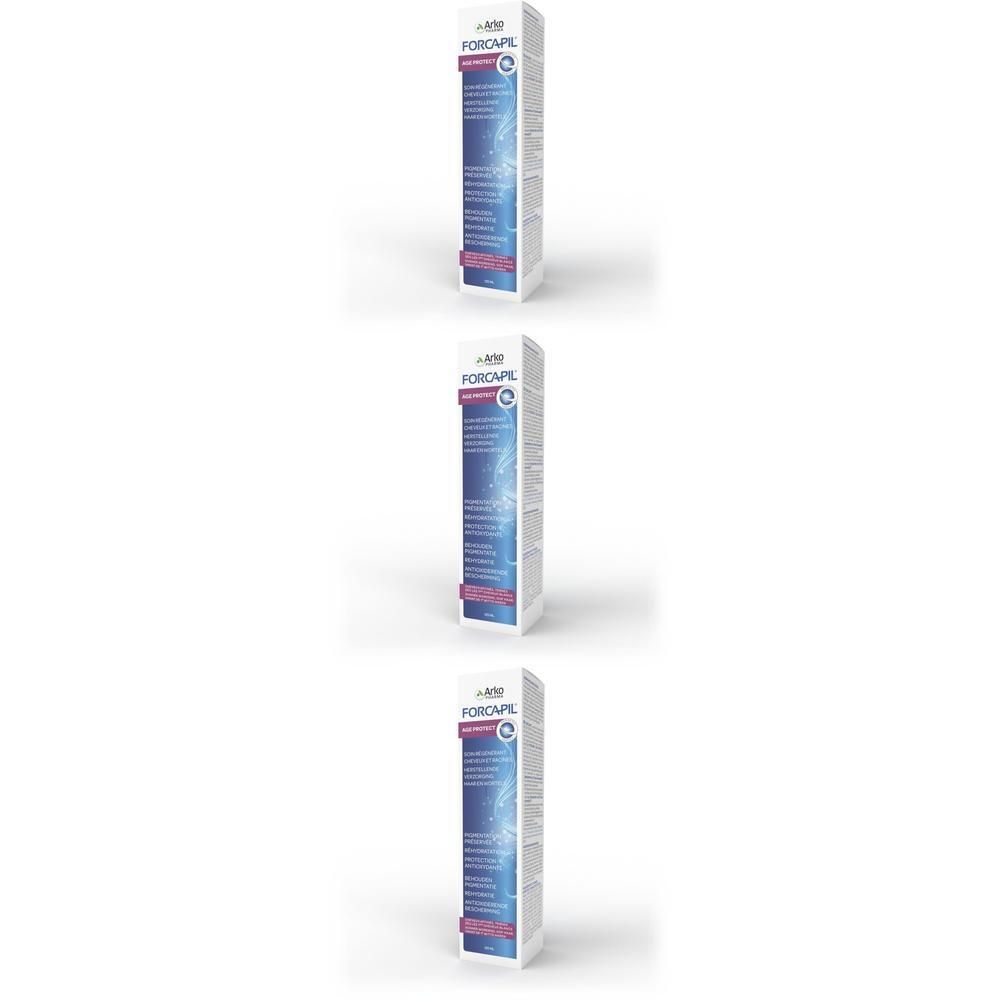 Drie dozen Forcapil Age Protect Spray. De dozen zijn wit met blauwe en roze accenten en tonen productinformatie.