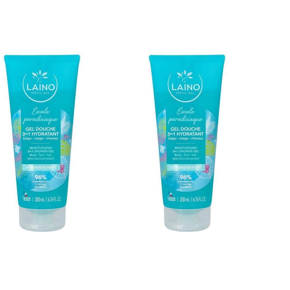 Twee flacons Laino Gel Douche Hydratant 3-in-1 Monoï.
