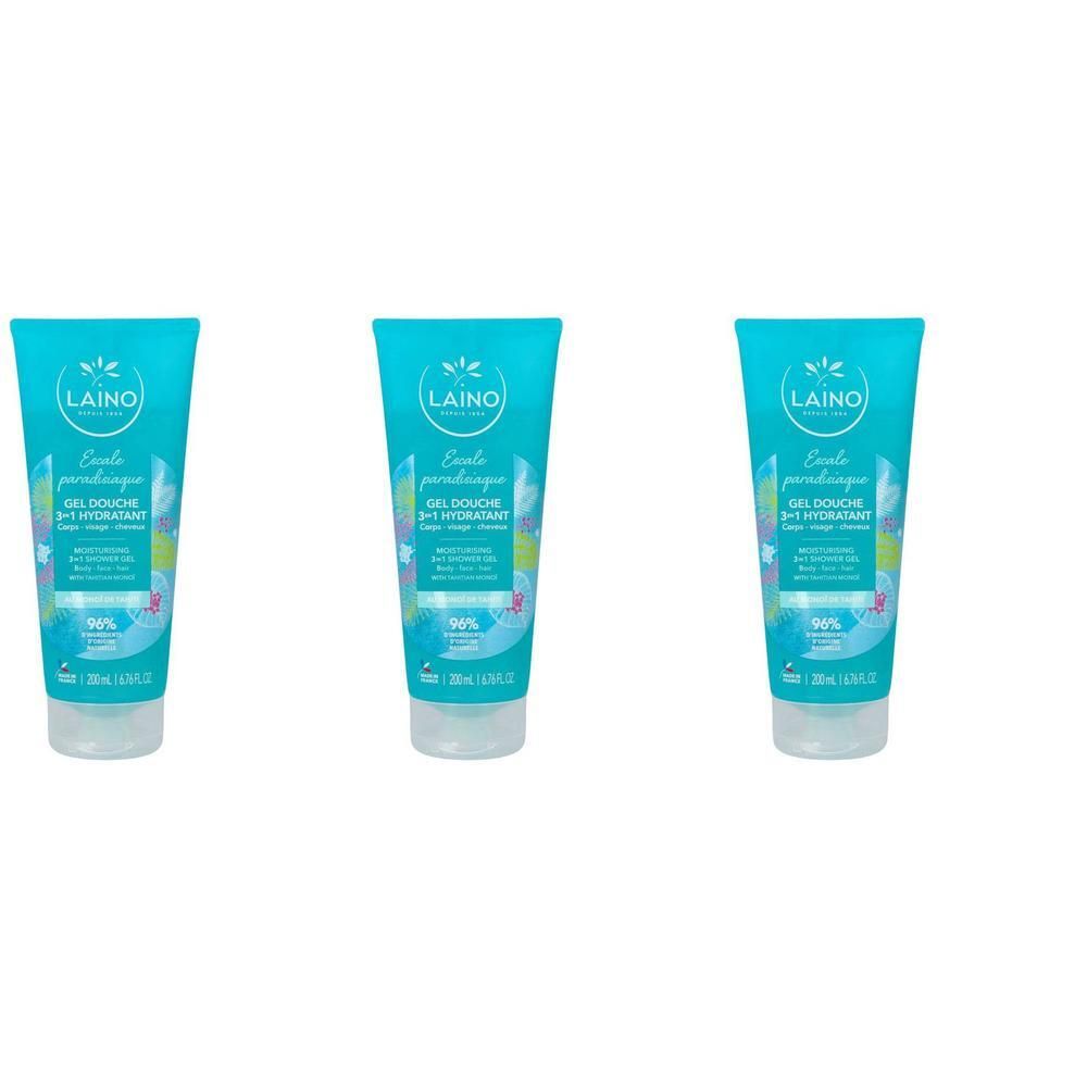 Drie tubes Laino Douchegel 3-in-1 Monoï met flip-top dop.