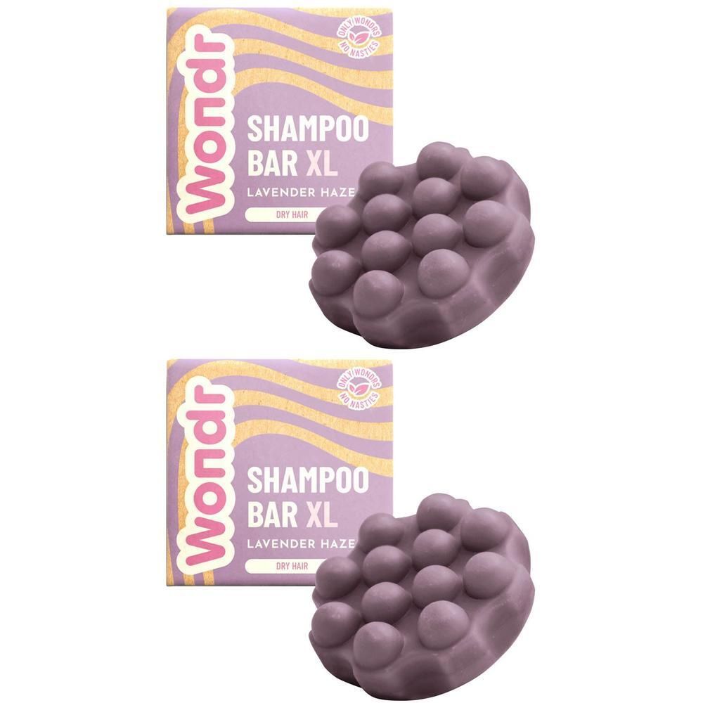 Twee Wondr Shampoo Bars XL Lavender Haze voor droog haar. Paarse bars met noppenpatroon.