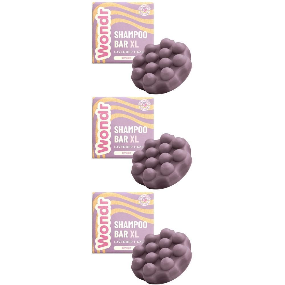 Trois shampooings solides Wondr XL Lavande Haze pour cheveux secs.