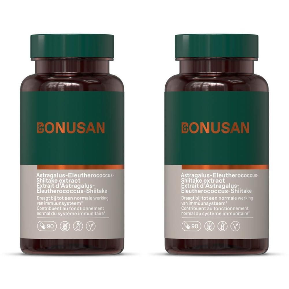 Twee Bonusan flessen met Astragalus-Eleutherococcus-Shiitake extract. Donkerbruine potjes met groene doppen en etiketten.