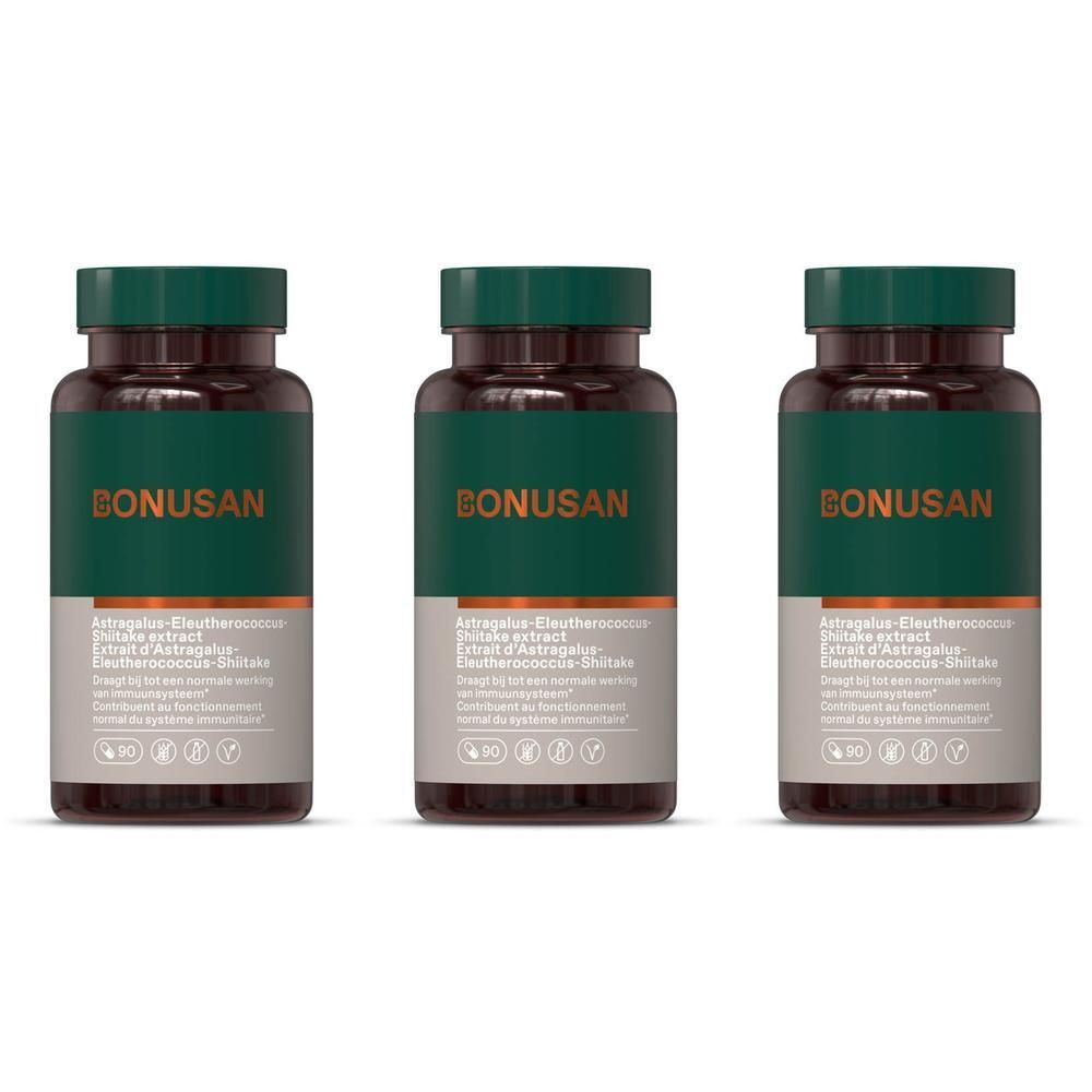 Drie BONUSAN flessen met Astragalus-Eleutherococcus-Shiitake extract.