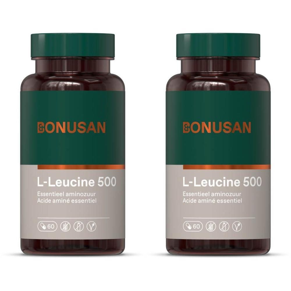 Twee flacons Bonusan L-Leucine 500 mg. Donkergroene doppen en etiketten met witte tekst.