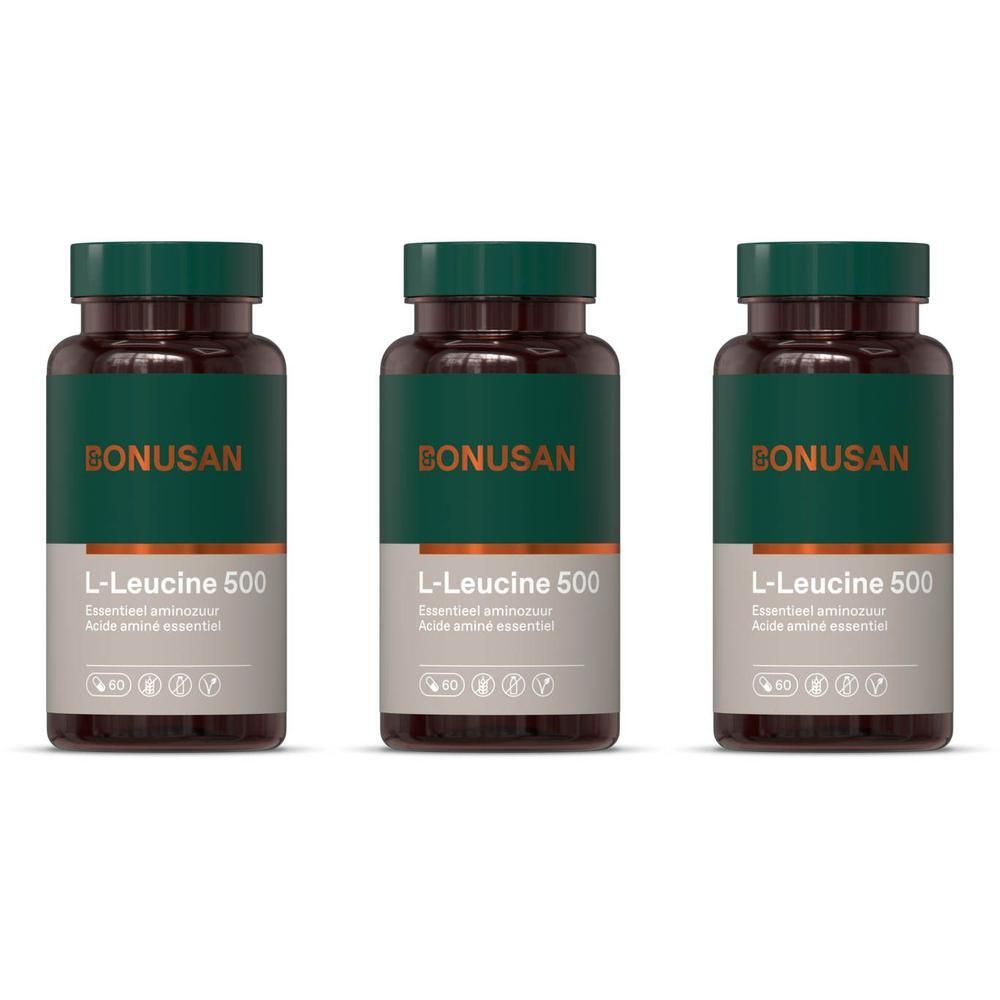Drie Bonusan L-Leucine 500 mg flessen met groene doppen en etiketten.