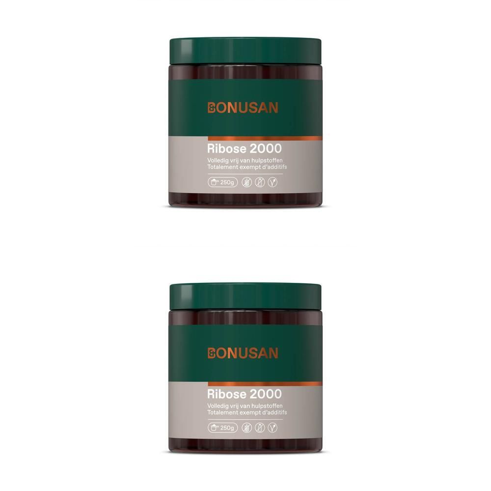Bonusan Ribose 2000 poeder in donker potje met groen deksel. Etiket met gouden opschrift.