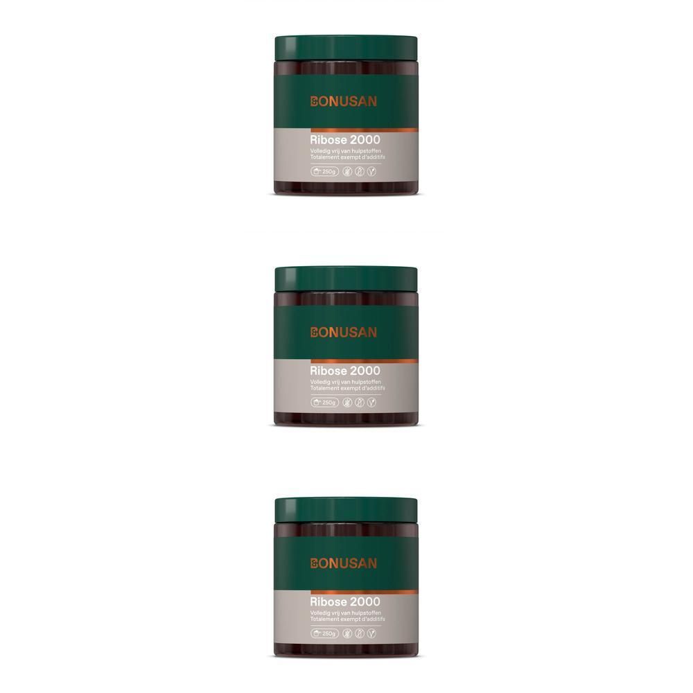 Trois pots de Bonusan Ribose 2000 avec couvercles et étiquettes vert foncé.