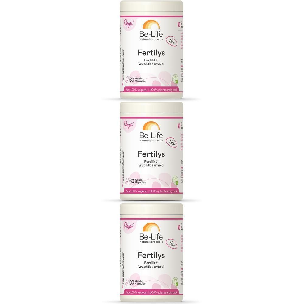 Trois contenants de capsules Be-Life Fertilys de 60 capsules. Contenants blancs avec étiquette rose et orange.