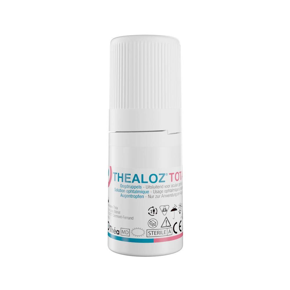 Un flacon de collyre Thealoz Total avec le bouchon ouvert.