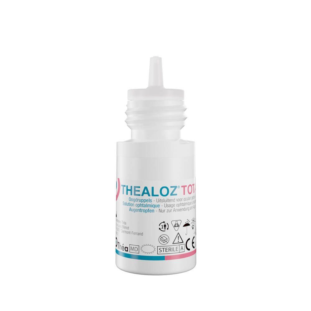 Een flacon Thealoz Total oogdruppels, van voren gezien.