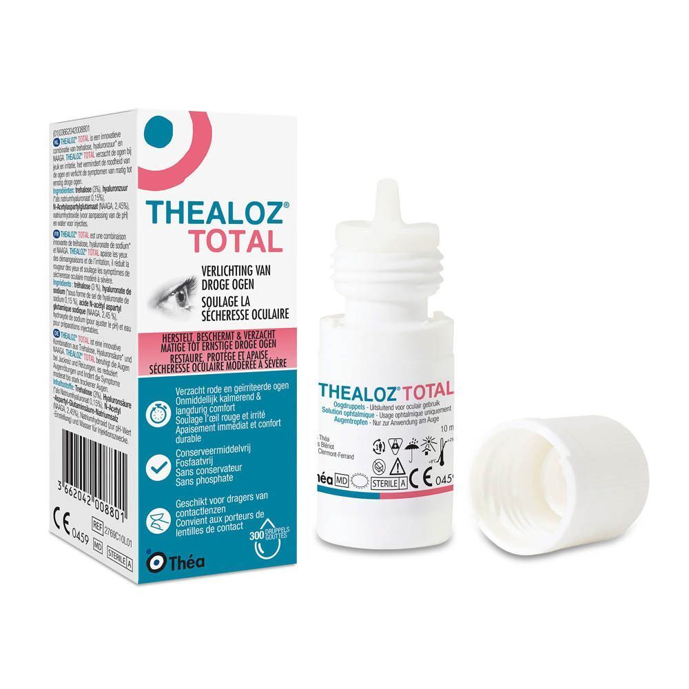 Flacon de collyre Thealoz Total et boîte ouverte.
