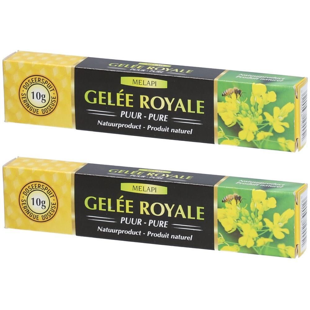Twee doosjes Melapi Gele Royale, 10g. Met koolzaadbloemen en bij.