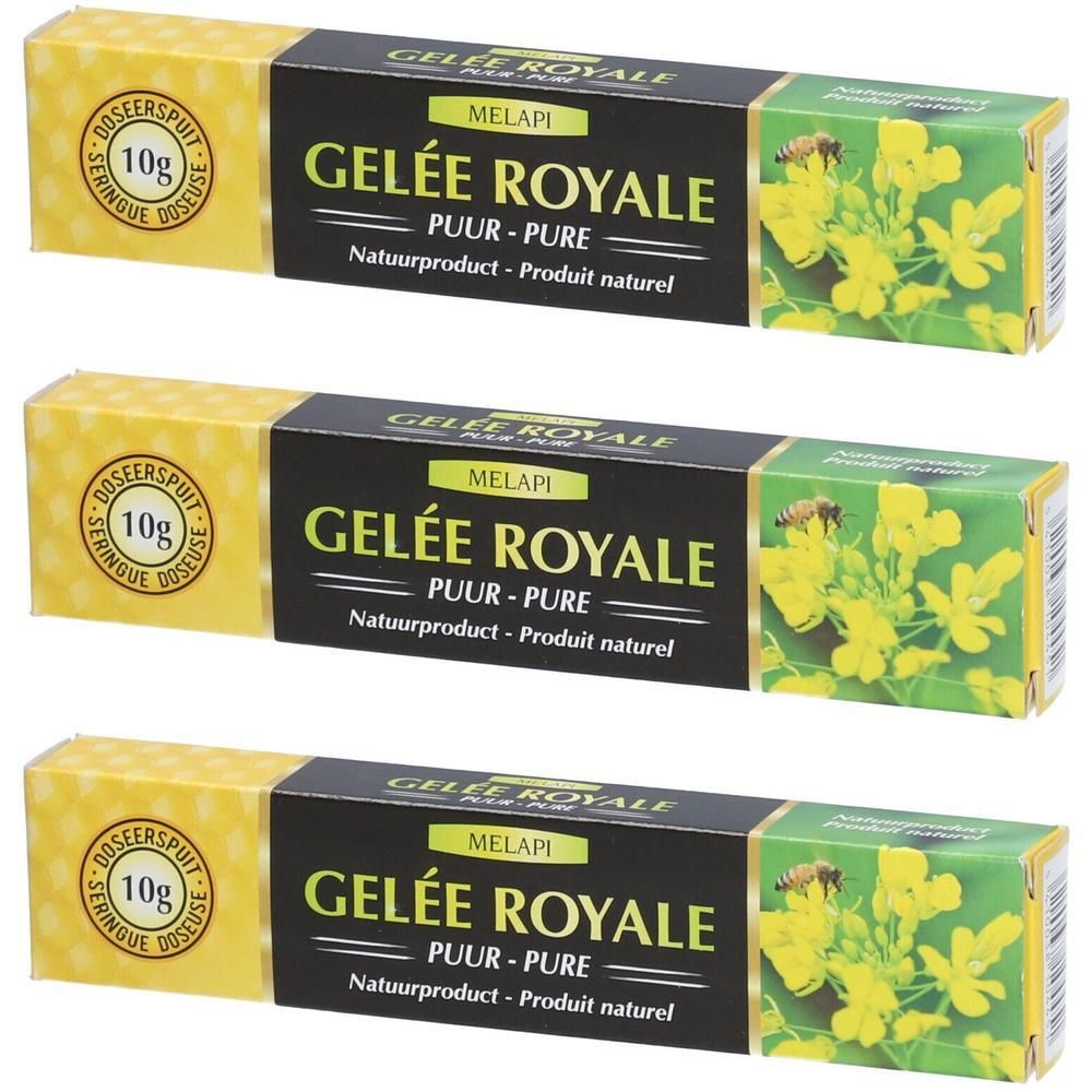 Drie pakken Melapi Gele Royal, 10g per dosis. Met koolzaadbloemen en bijen.