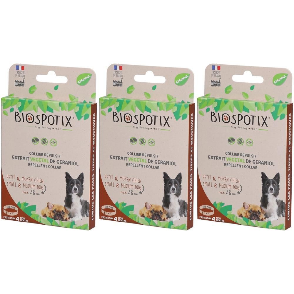 Drie verpakkingen Biospotix afweerhalsbanden voor kleine tot middelgrote honden, max. 38 cm.