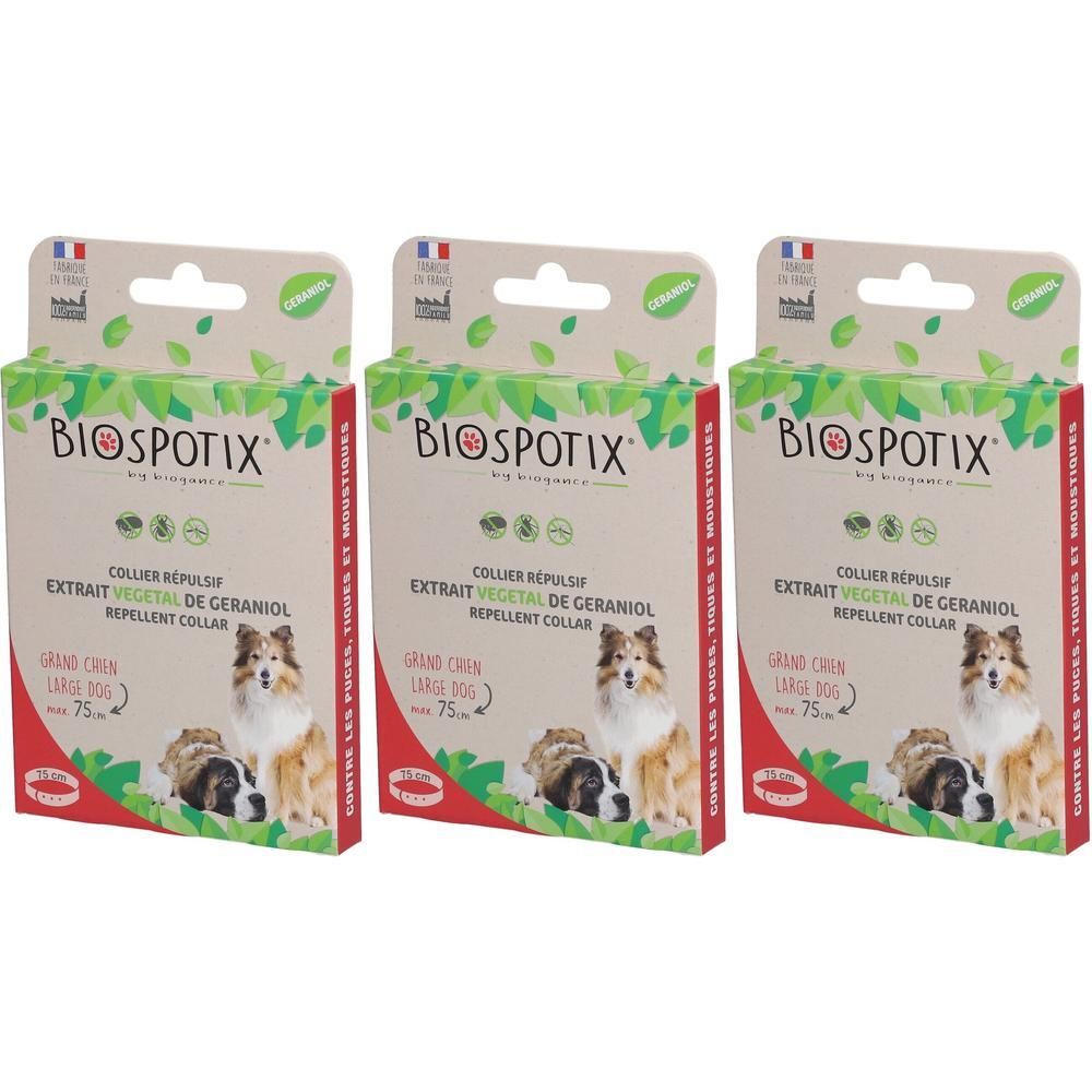 Drie verpakkingen Biospotix Repellent Halsband voor grote hond, max 75 cm. Plantaardig geraniol extract.